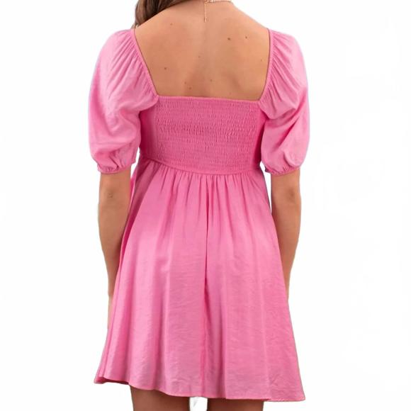 NEW BLU PEPPER sabrina pleated detail puff sleeve mini dress in pink - Picture 2 of 4